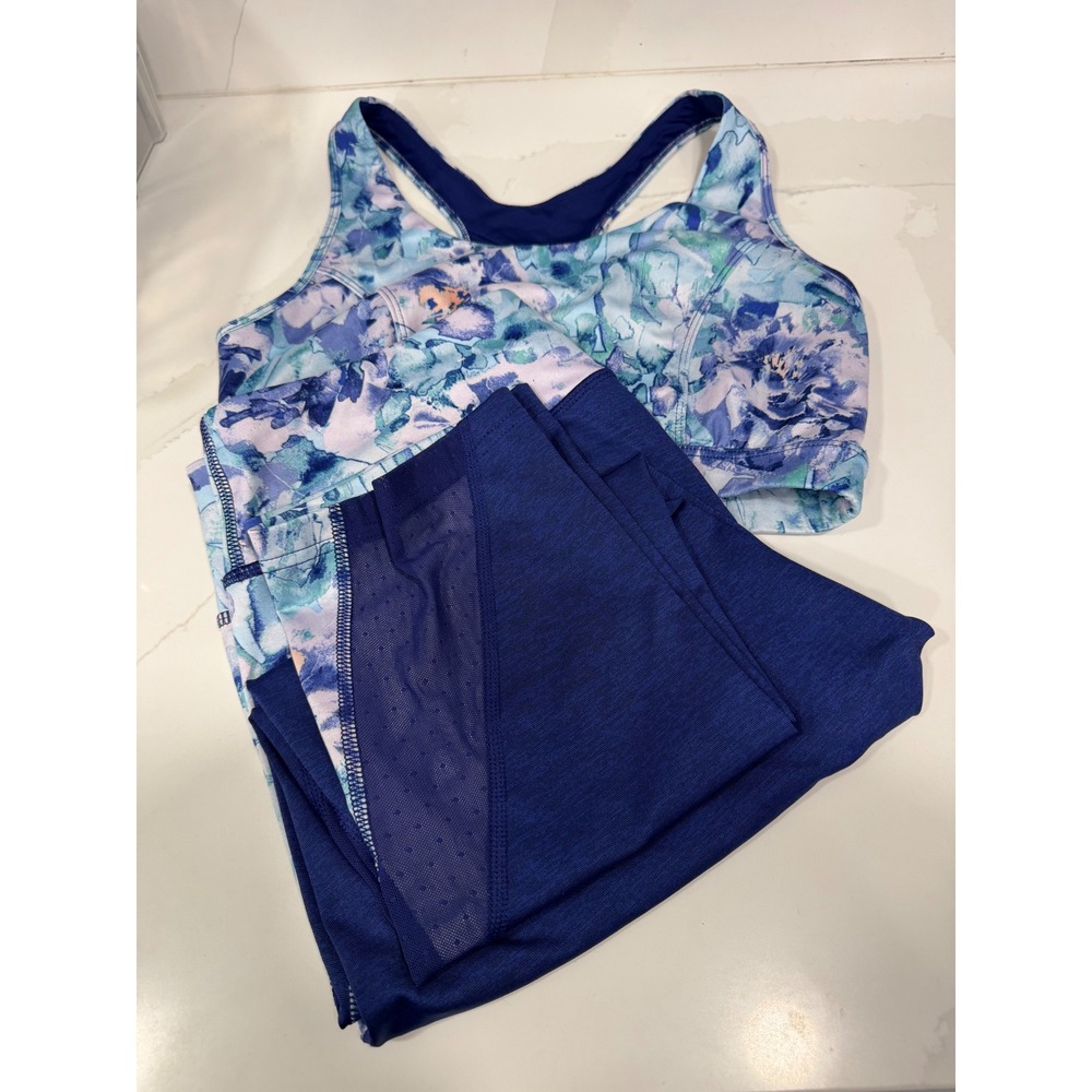 Tek Gear Womens Blue Floral Watercolor Sports Bra and Capri Leggings Set Large